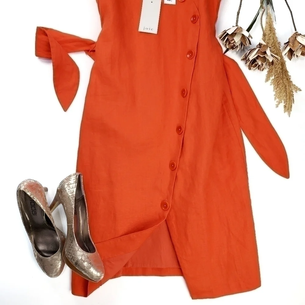 New JOIE Carmell Warm Terra Orange Linen Dress Size Large - Picture 10 of 16